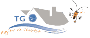 Logo TG 2H Hygiène de l'habitat avec maison grise, insectes nuisibles (larcin, araignée, abeille) et vague bleue.