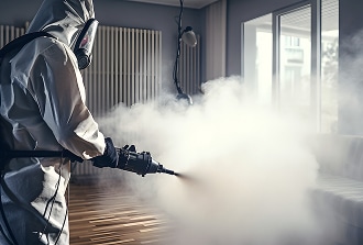 Professionnel en combinaison de protection et masque pulvérisant un brouillard dense (désinfection/fumigation) dans un intérieur résidentiel avec plancher en bois.