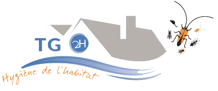 Logo TG 2H Hygiène de l'habitat, maison grise, vague bleue, insectes nuisibles (blatte, abeille, fourmi) pour lutte antiparasitaire.