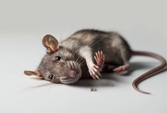 Rat domestique gris et brun couché sur le dos sur une surface claire, les yeux ouverts et les pattes avant levées, avec quelques petites miettes devant lui.