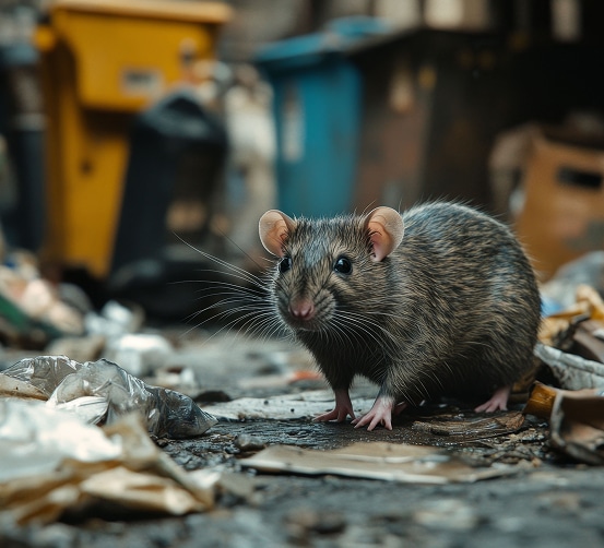 Gros plan sur un rat brun à poil hirsute, les vibrisses longues, se tenant sur un sol sale et jonché de détritus, avec des poubelles floues en arrière-plan.