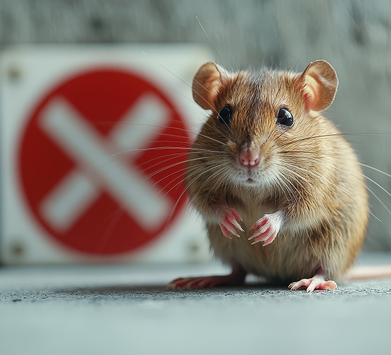 Gros plan d'un petit rongeur brun, assis, regardant l'objectif devant un panneau flou rouge avec une croix blanche 'X'.