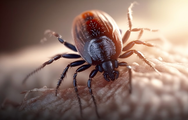 Macro de gros plan d'une tique sombre, peut-être une tique étoilée solitaire, s'agrippant à une surface de peau chaude et floue.